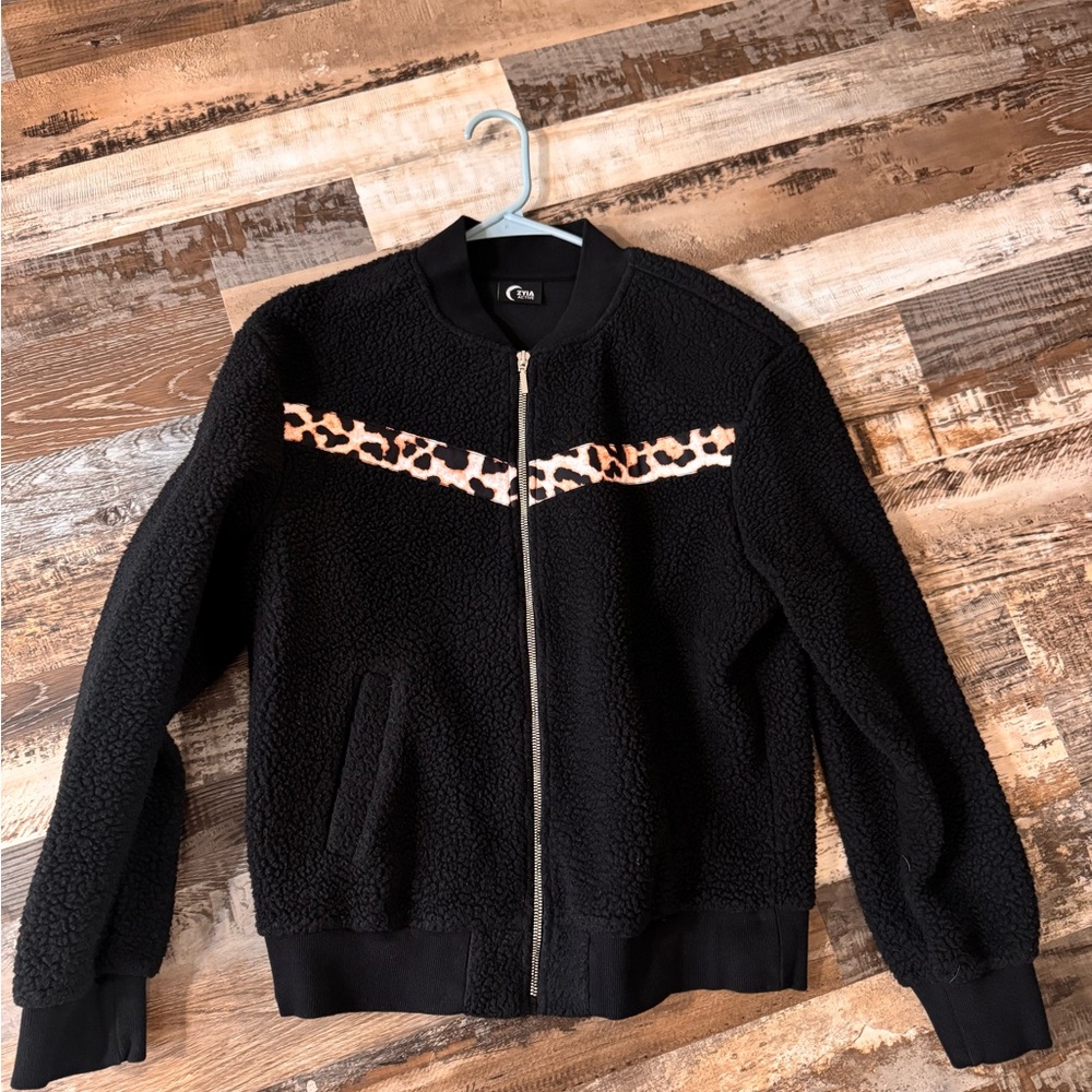 Zyia Black Sherpa Bomber Jacket with Leopard Accent